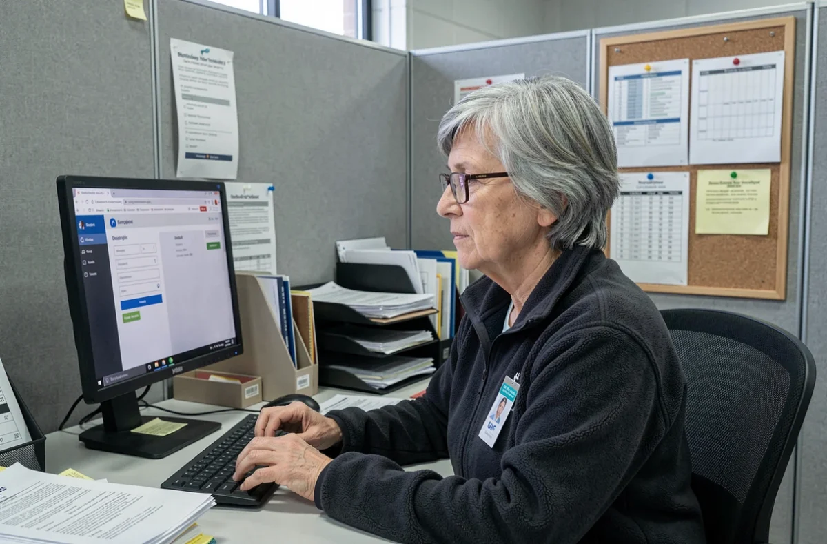 Employée senior Cooperl accédant à son espace salarié sur ordinateur de bureau dans un bureau administratif