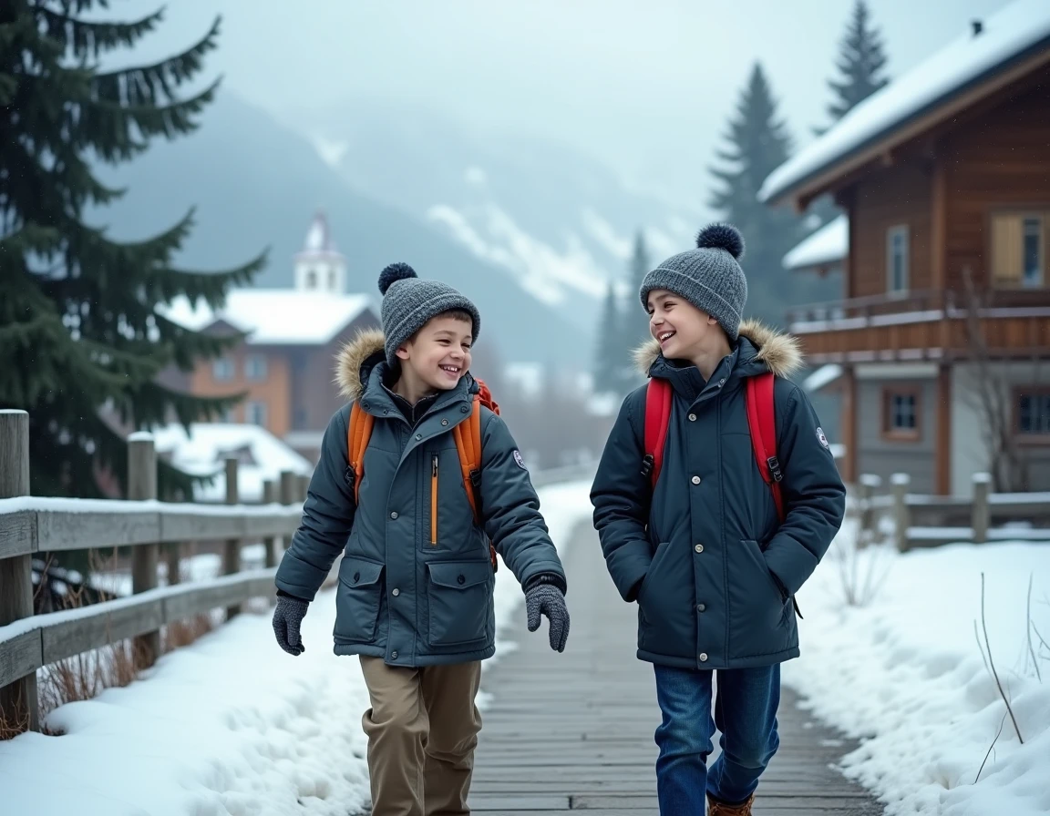Deux adolescents en vacances scolaires dans un village alpin autrichien enneigé en 2024