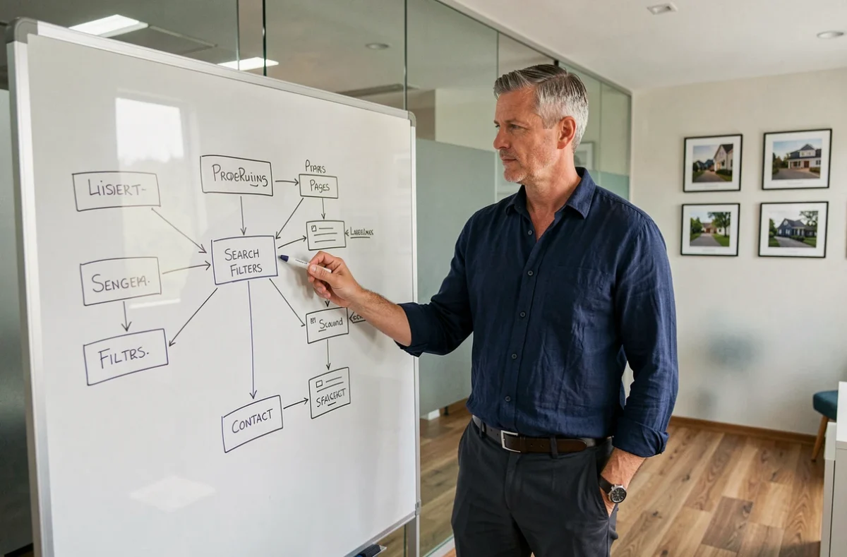 Agent immobilier présentant l'architecture d'un sitemap sur tableau blanc en agence