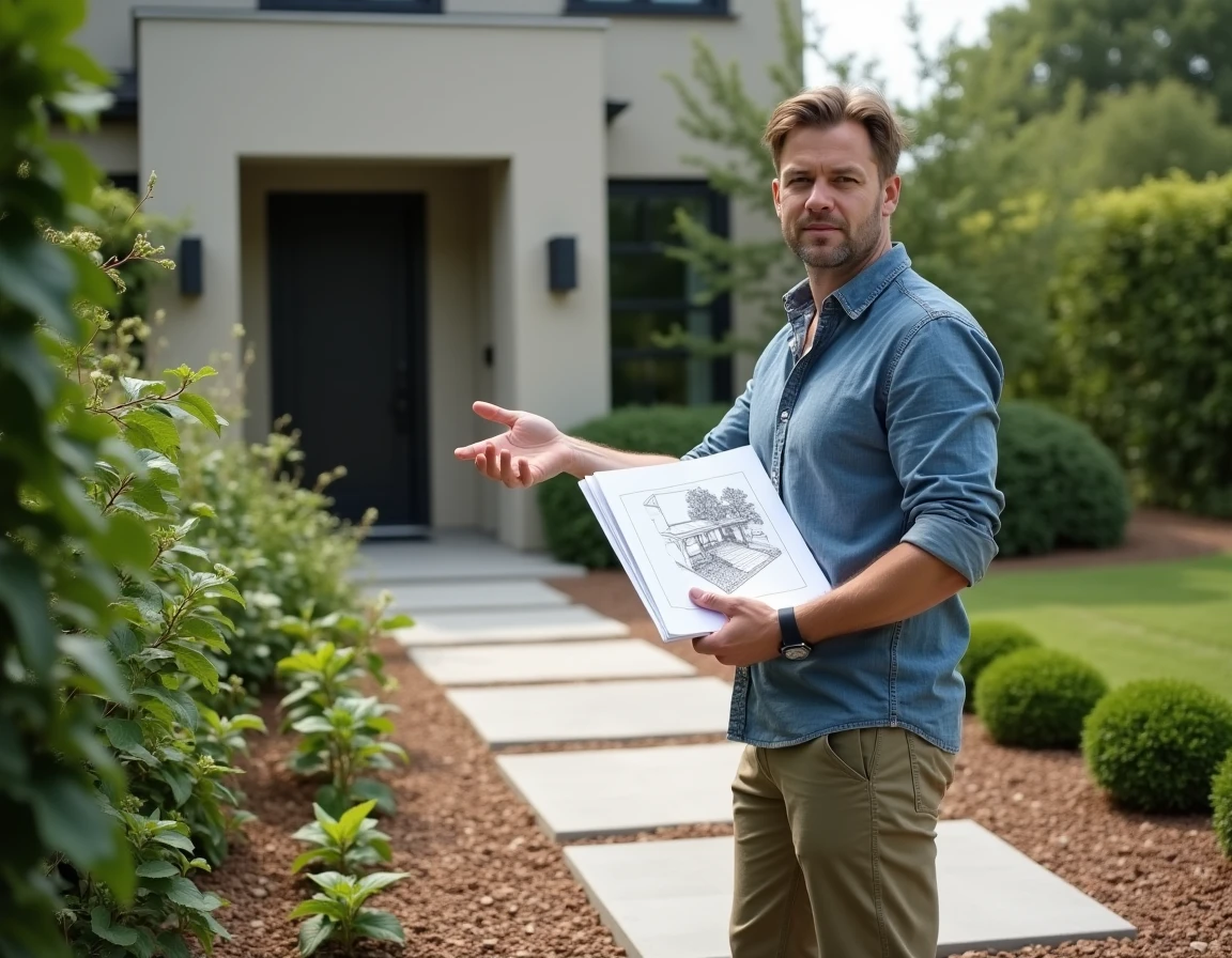 Homme supervisant l'aménagement d'une allée en pierre dans un jardin résidentiel