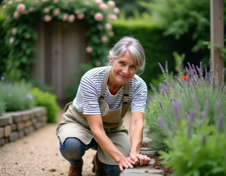 Femme aménageant un parterre de jardin en pierre avec des plantes aromatiques et ornementales