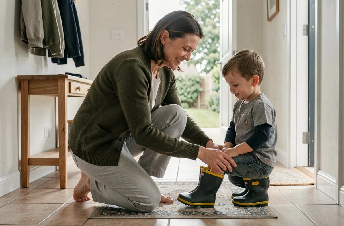 Assistante maternelle à domicile aidant un enfant à enfiler ses bottes dans l'entrée de la maison familiale