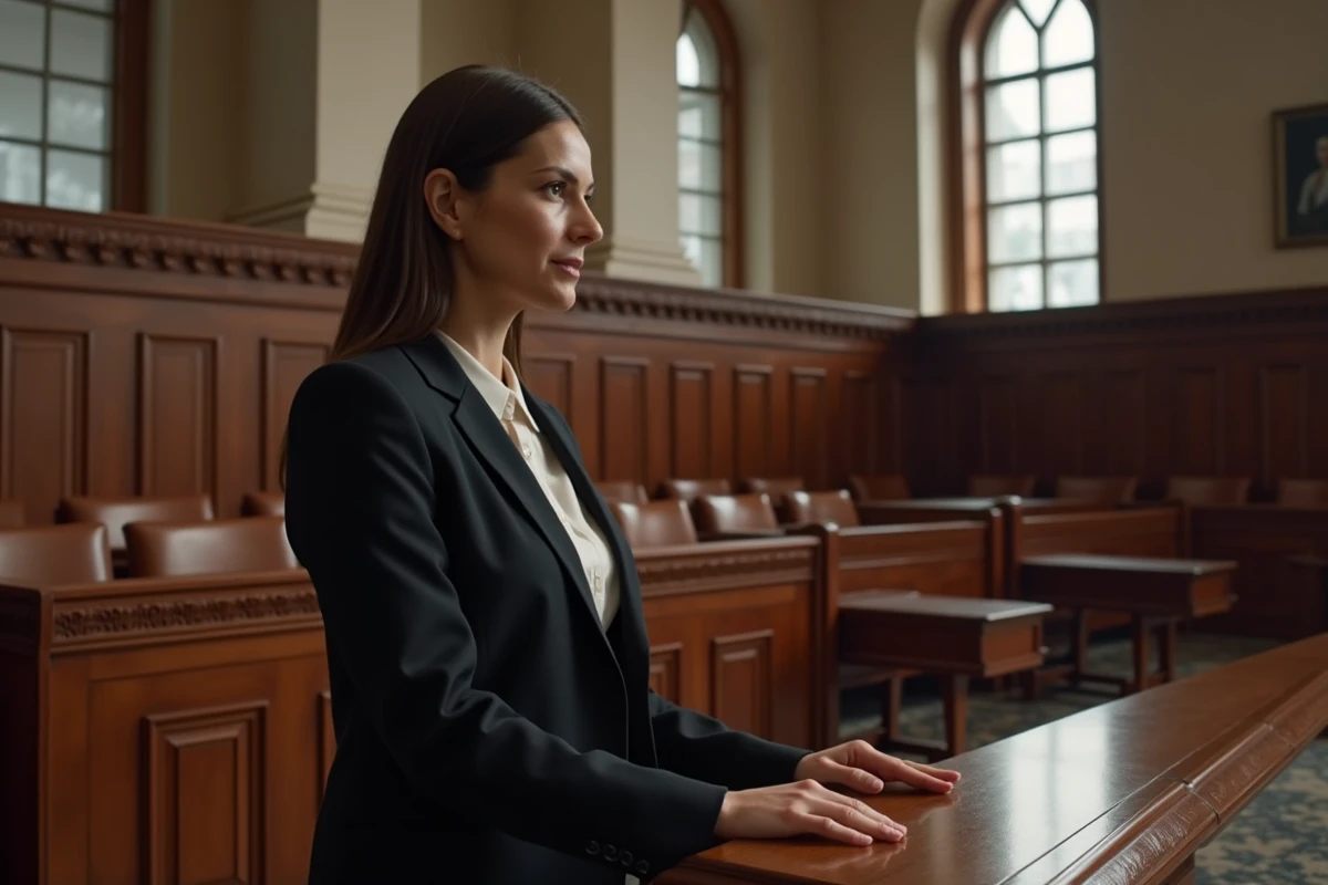 Avocate plaidant devant un tribunal dans une salle d'audience traditionnelle