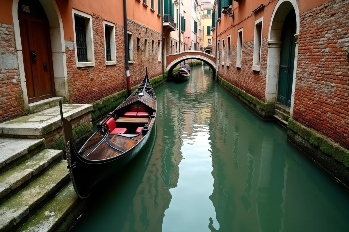 Canal étroit de Venise avec une gondole amarrée aux marches en pierre recouvertes d'algues, reflétant les façades ocre des bâtiments historiques