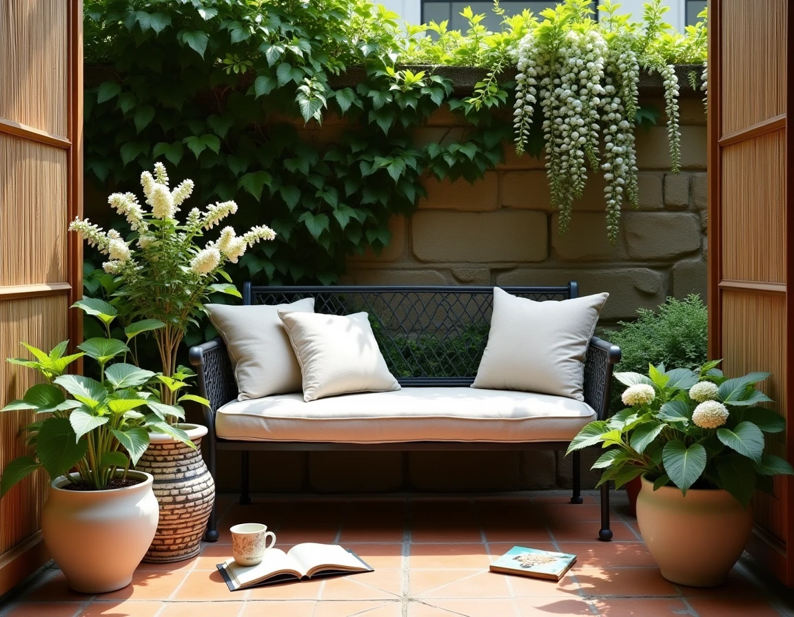 Coin de jardin aménagé avec banc en fer forgé, coussins et plantes décoratives en pot