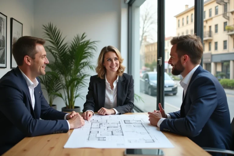 Conseiller immobilier professionnel présentant des plans à un couple lors d'une consultation personnalisée en agence