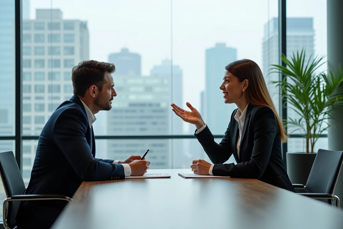 Consultation juridique entre un client et une avocate dans un cabinet moderne