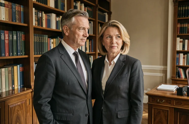 Couple en tenue formelle dans un appartement parisien élégant, évoquant l'univers politique de la droite française