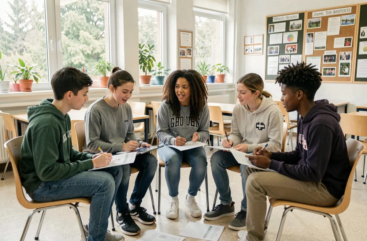 Groupe d'élèves participant activement à un atelier pédagogique en classe dans le cadre d'un projet éducatif