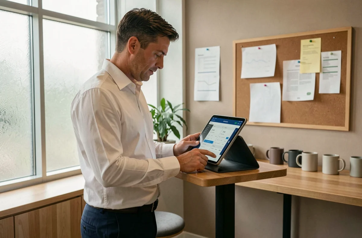 Employé Cooperl consultant ses services RH sur une tablette dans une salle de pause d'entreprise