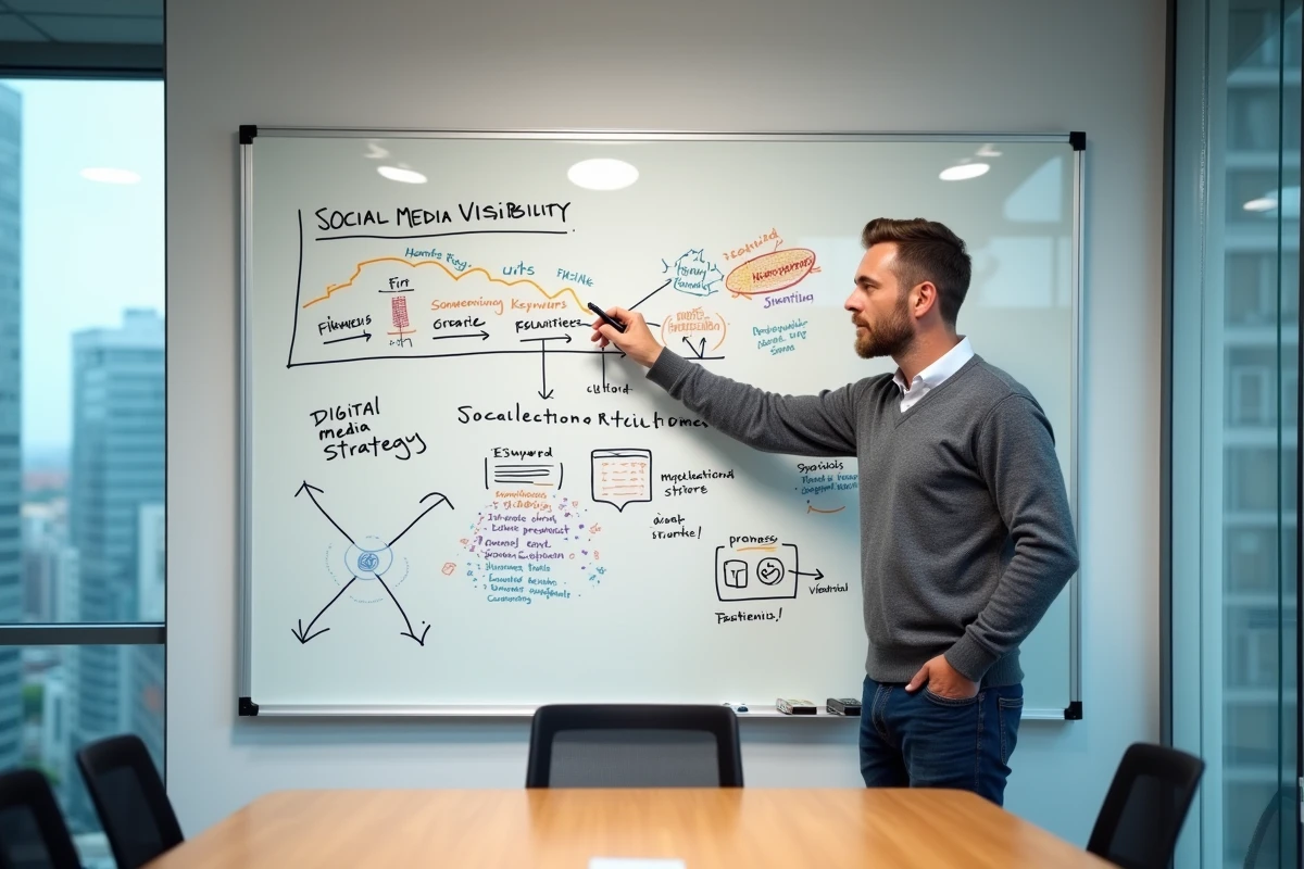 Entrepreneur présentant une stratégie de marketing digital et de visibilité en ligne sur un tableau blanc en salle de réunion
