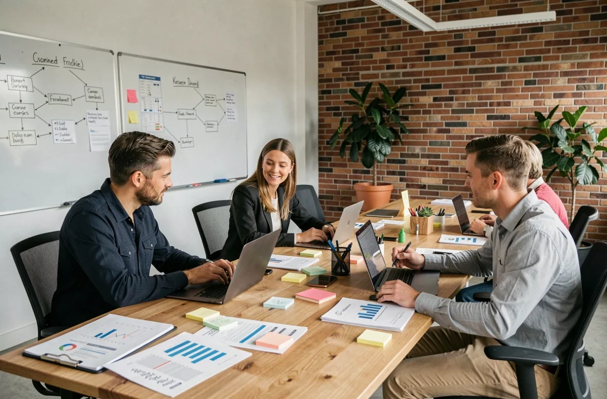 Équipe d'une agence e-commerce en Belgique collaborant sur une stratégie de ventes en ligne lors d'une réunion