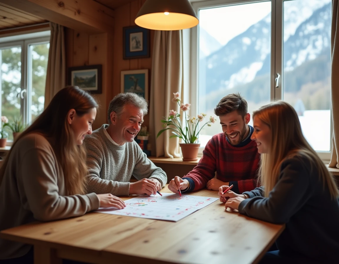 Famille autrichienne planifiant les vacances scolaires 2024 autour d'un calendrier sur une table en bois