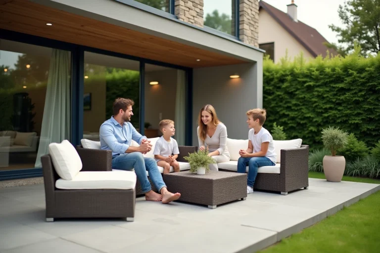 Famille souriante sur terrasse moderne avec maison contemporaine