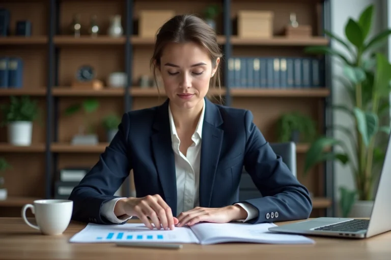 Femme d affaires en costume navy dans un bureau moderne
