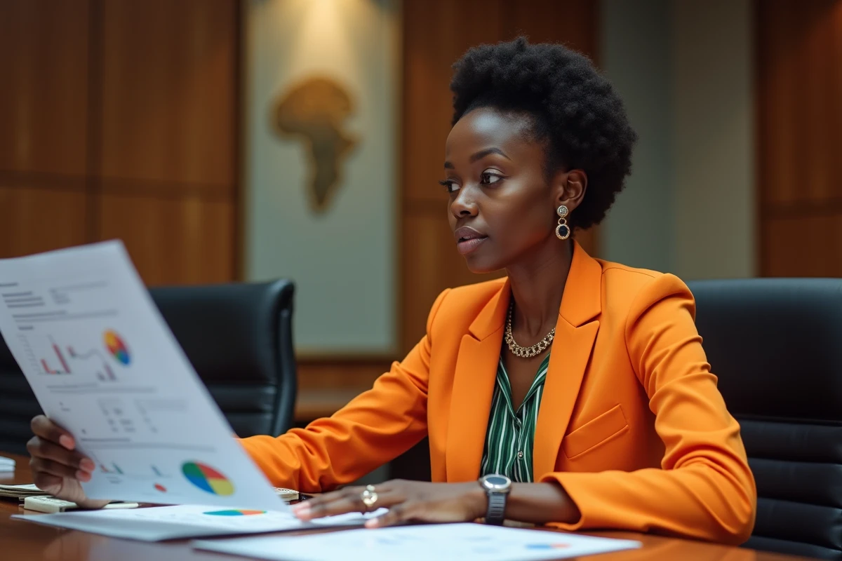 Femme africaine en réunion avec graphiques financiers