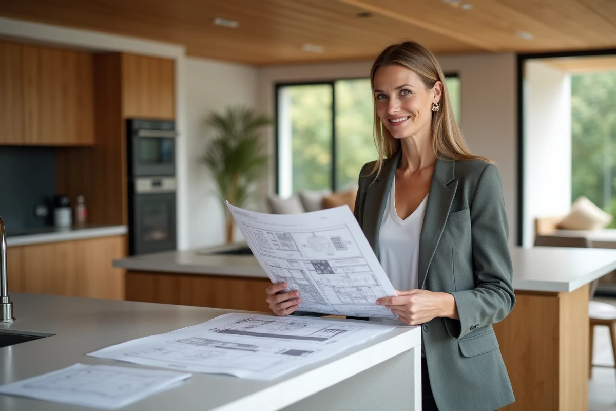 Femme en tenue professionnelle dans cuisine moderne avec plans