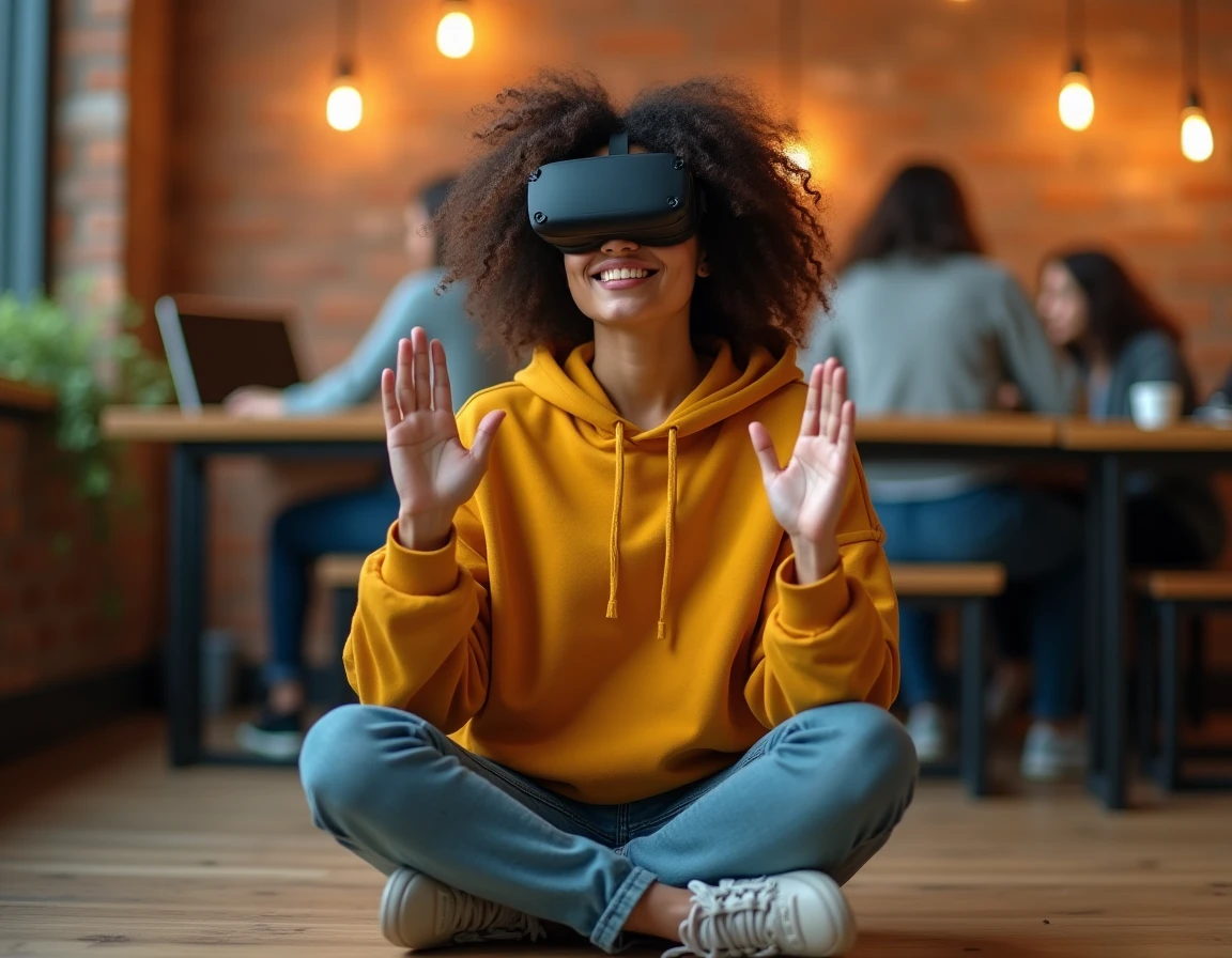 Jeune femme utilisant un casque de réalité mixte dans un espace de coworking créatif