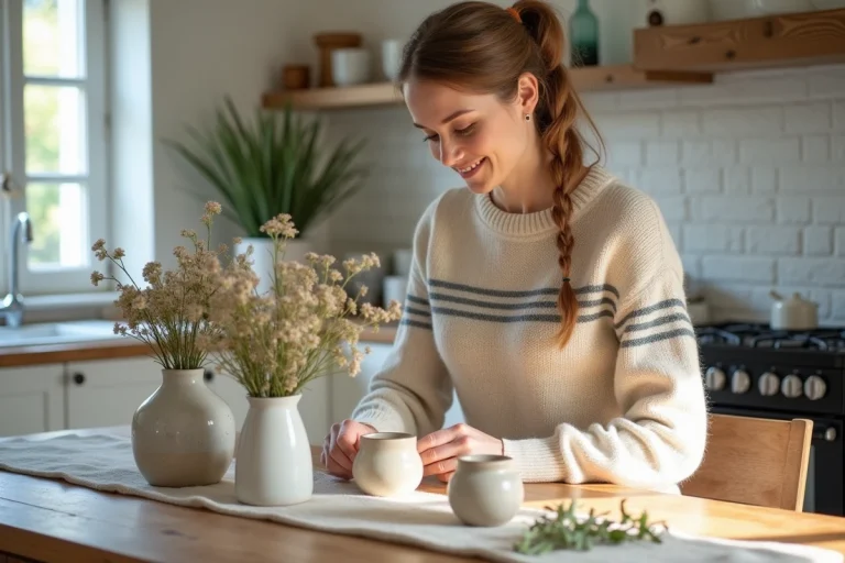 Femme souriante arrangeant des vases en céramique avec fleurs sauvages