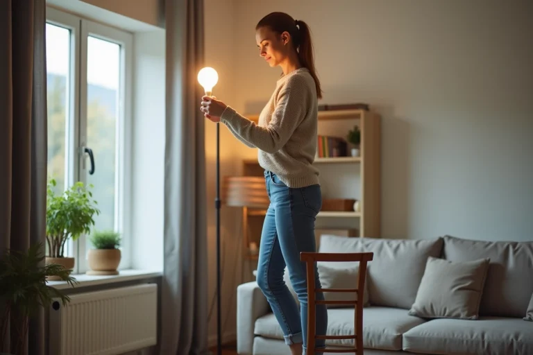 Femme changeant une ampoule dans un salon lumineux