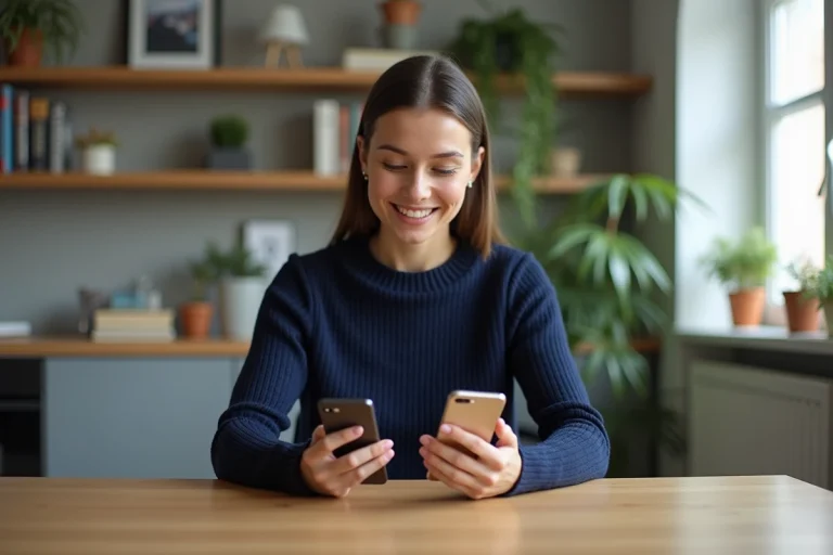 Femme en train de changer de smartphone dans un appartement lumineux