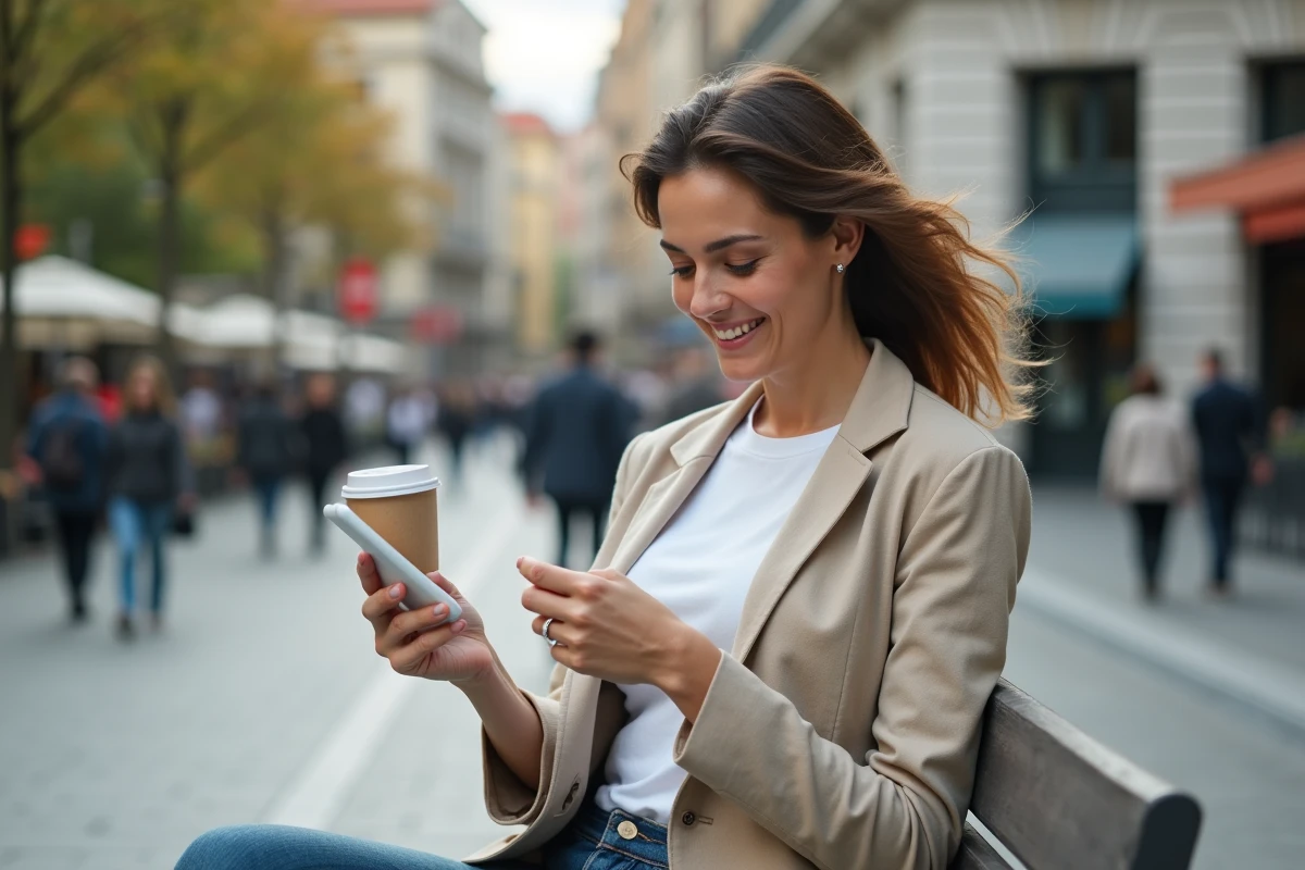 Femme utilisant l'espace client Merci Victor sur son téléphone en extérieur en ville
