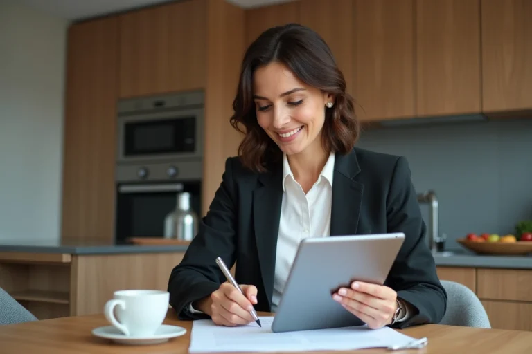 Femme confiante signant un contrat immobilier dans une cuisine moderne