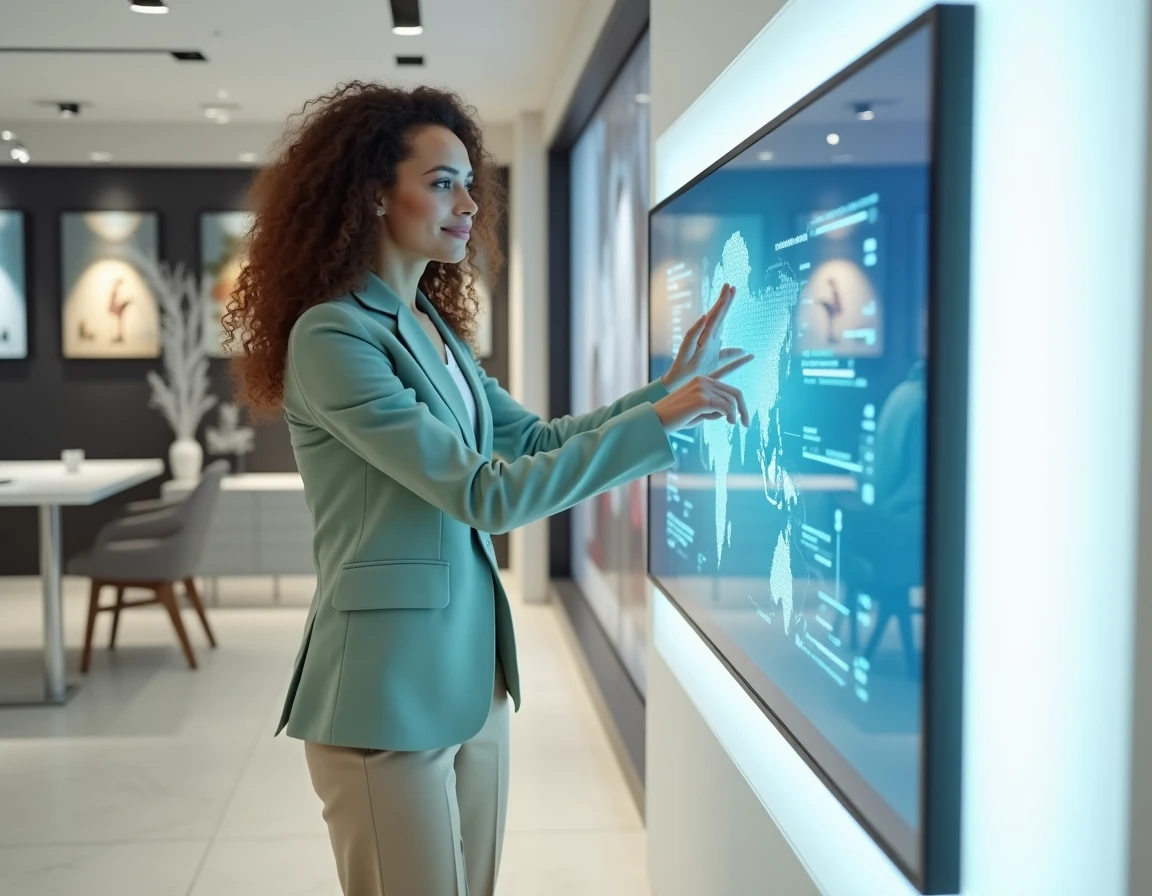Femme en blazer vert interagissant avec un écran tactile interactif dans un showroom high-tech au design scandinave