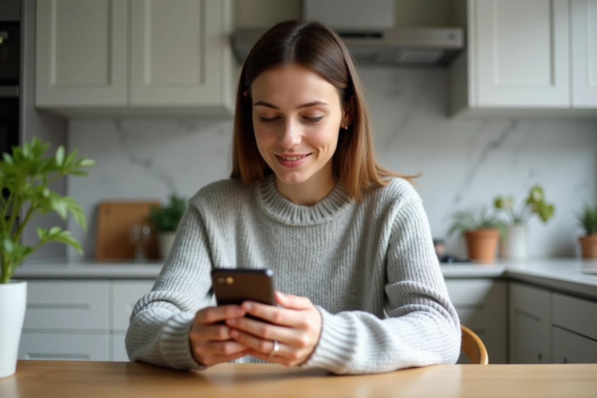 Jeune femme accédant à son espace client sur smartphone depuis sa cuisine moderne