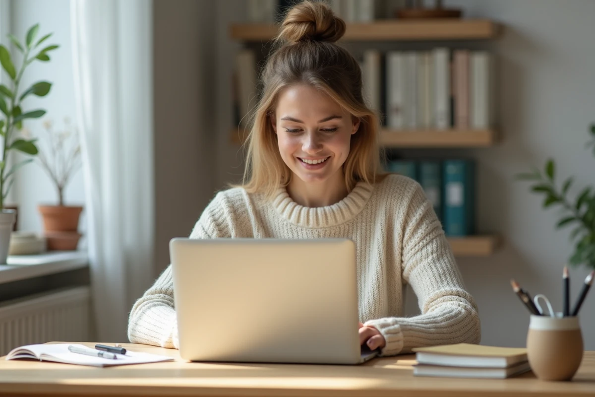 Jeune femme parcourant une papeterie en ligne sur son ordinateur portable depuis son bureau à domicile, entourée de carnets et d'enveloppes kraft
