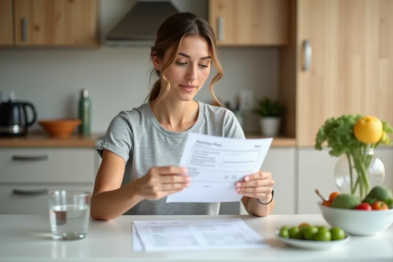 Femme consultant un plan nutritionnel Dietplus à la maison sur une table de cuisine moderne