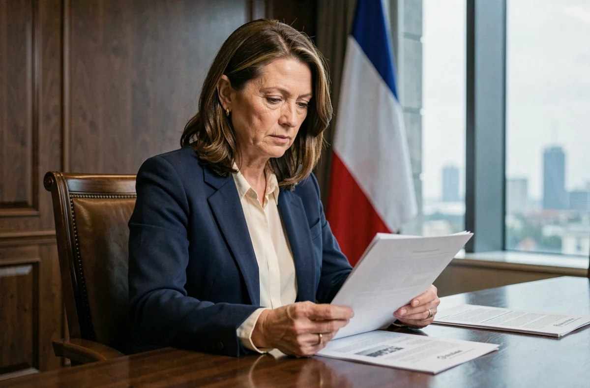 Femme politique en veste marine examinant des documents dans une salle de réunion formelle avec drapeau français en arrière-plan