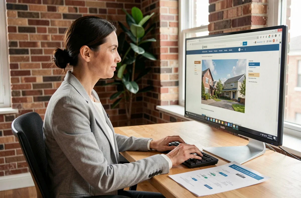 Femme consultant un sitemap de site immobilier sur ordinateur dans un bureau moderne