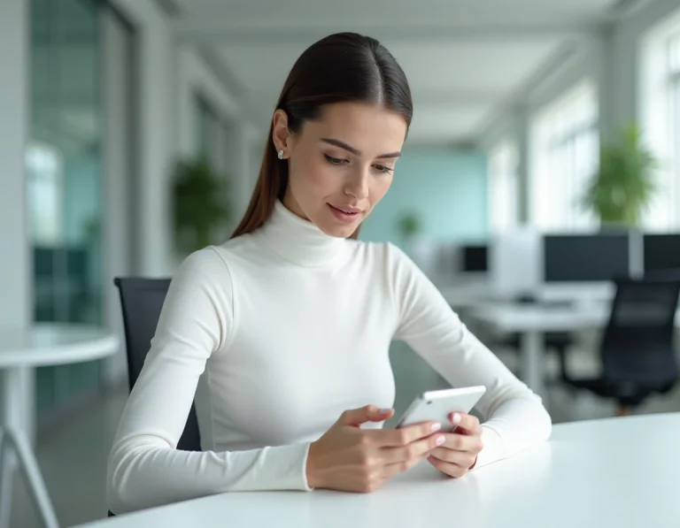 Femme professionnelle explorant un smartphone pliable dans un bureau technologique moderne