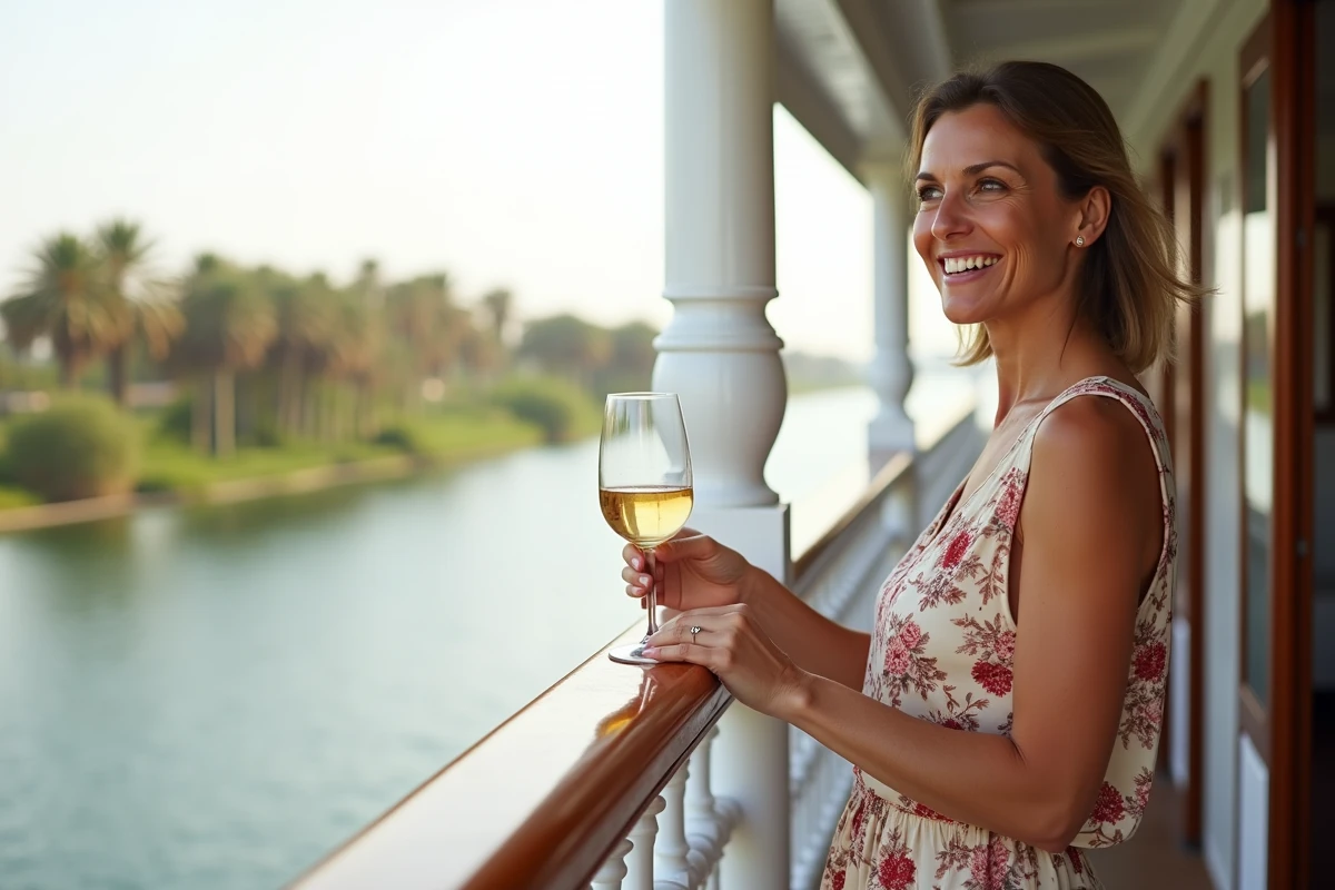 Femme souriante en robe d'été sur un bateau Nile
