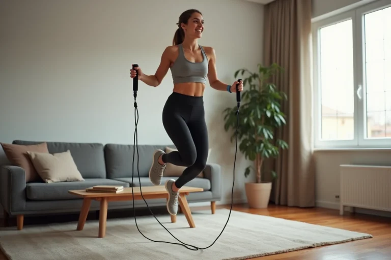 Femme en mouvement sautant à la corde dans un salon moderne