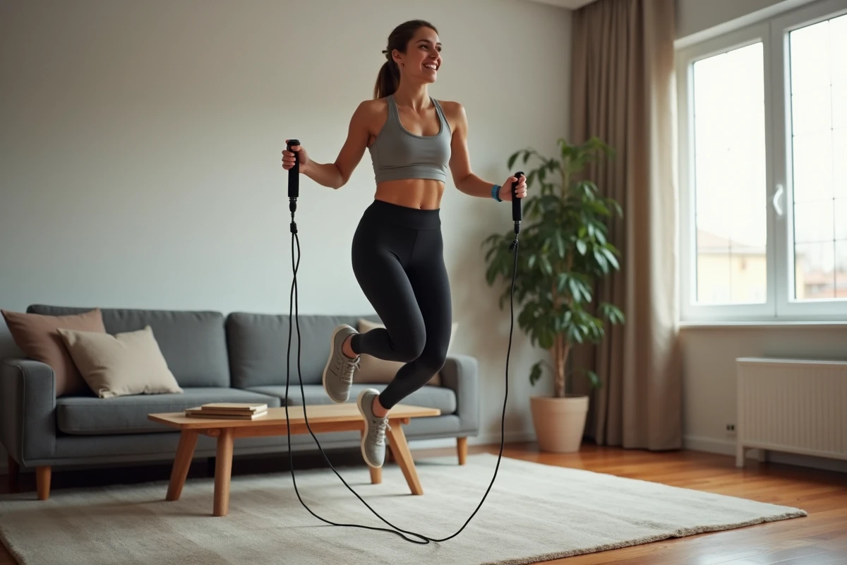 Femme en mouvement sautant à la corde dans un salon moderne