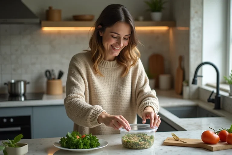 Femme en cuisine ouvrant un contenant de tabbouleh fait maison
