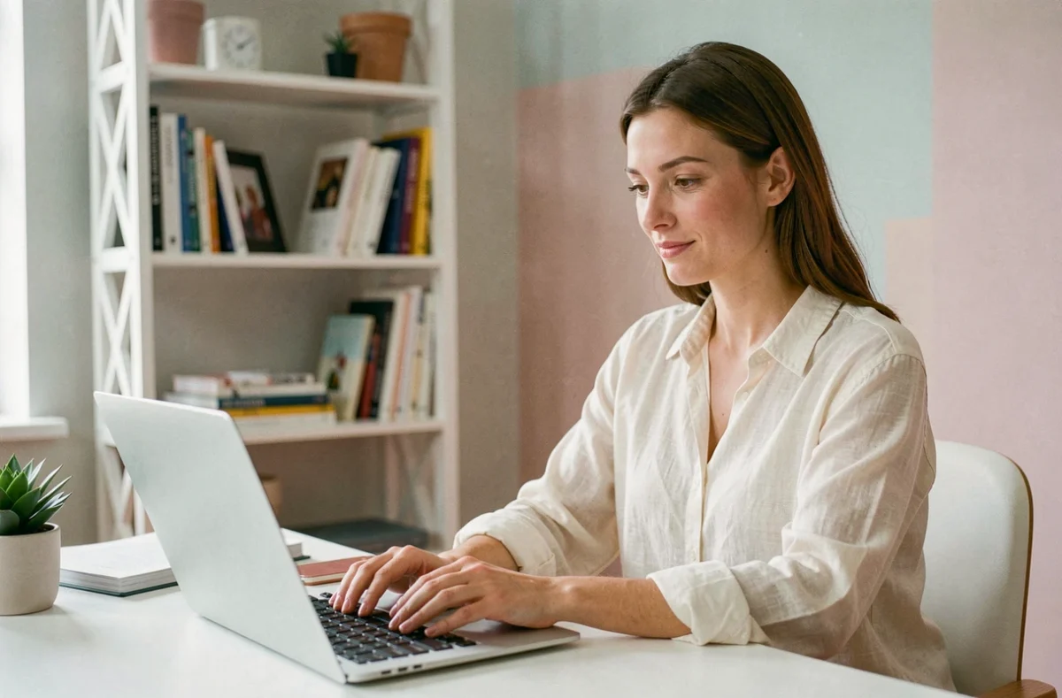 Femme en télétravail concentrée devant son ordinateur portable dans un bureau à domicile bien organisé et lumineux
