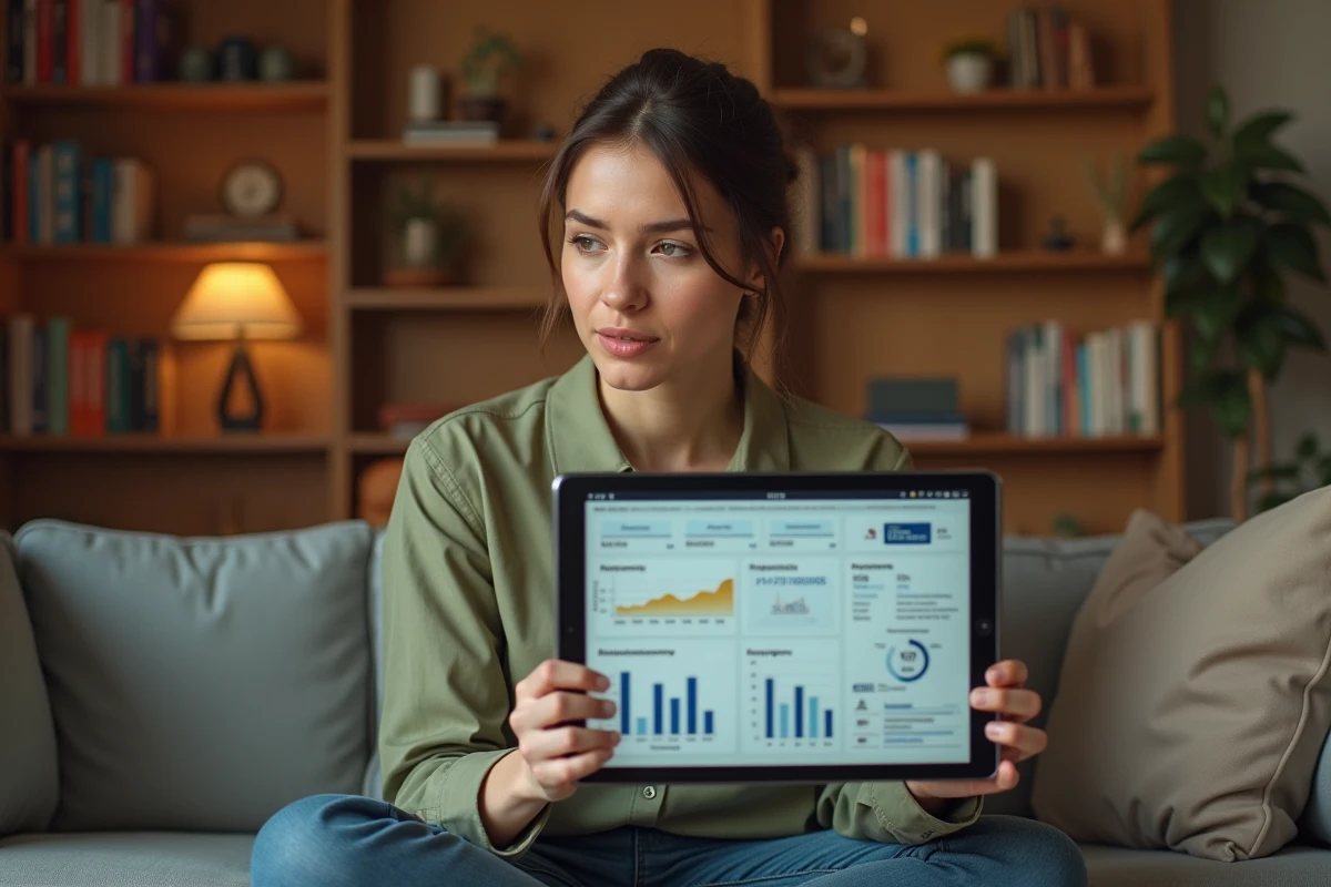 Jeune femme travaillant depuis chez elle en consultant un tableau de bord de visibilité marketing sur une tablette numérique