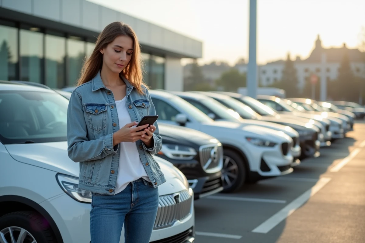 Femme debout devant un parking de voitures neuves
