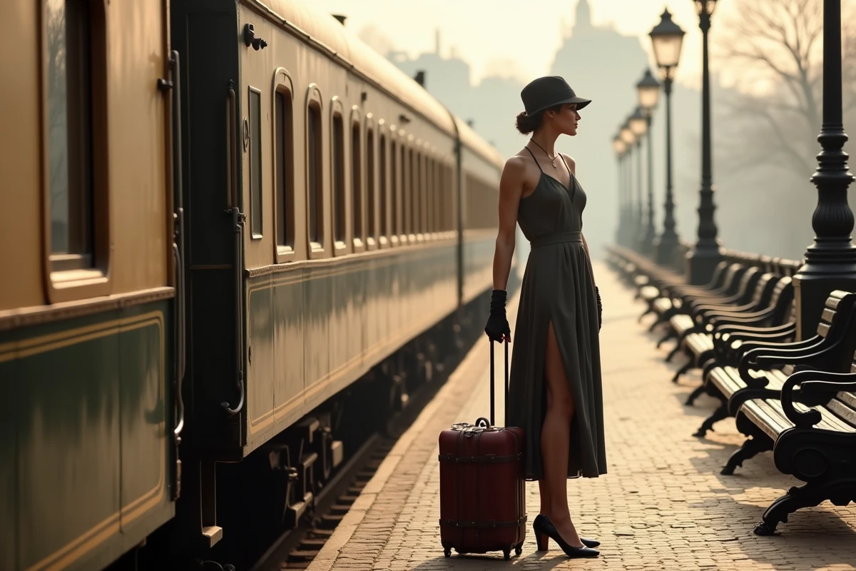 Femme élégante sur le quai près du train OrientExpress