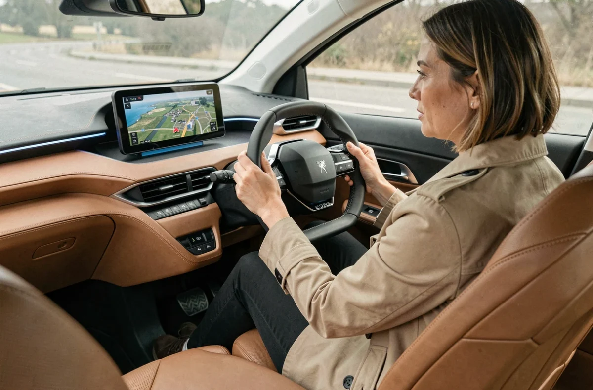 Femme au volant d'une Peugeot e-2008 électrique avec tableau de bord numérique