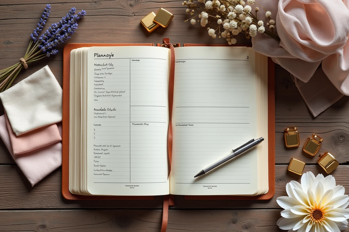 Flat lay des essentiels de planification de mariage avec agenda, bouquet séché, échantillons de tissu et accessoires dorés