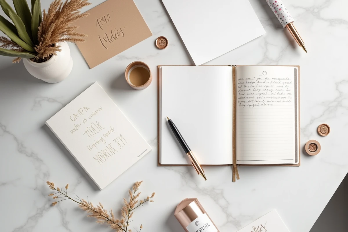 Flat lay élégant de produits de papeterie en ligne sur marbre blanc : cartes embossées, stylos plume, kit de cachet de cire et washi tape