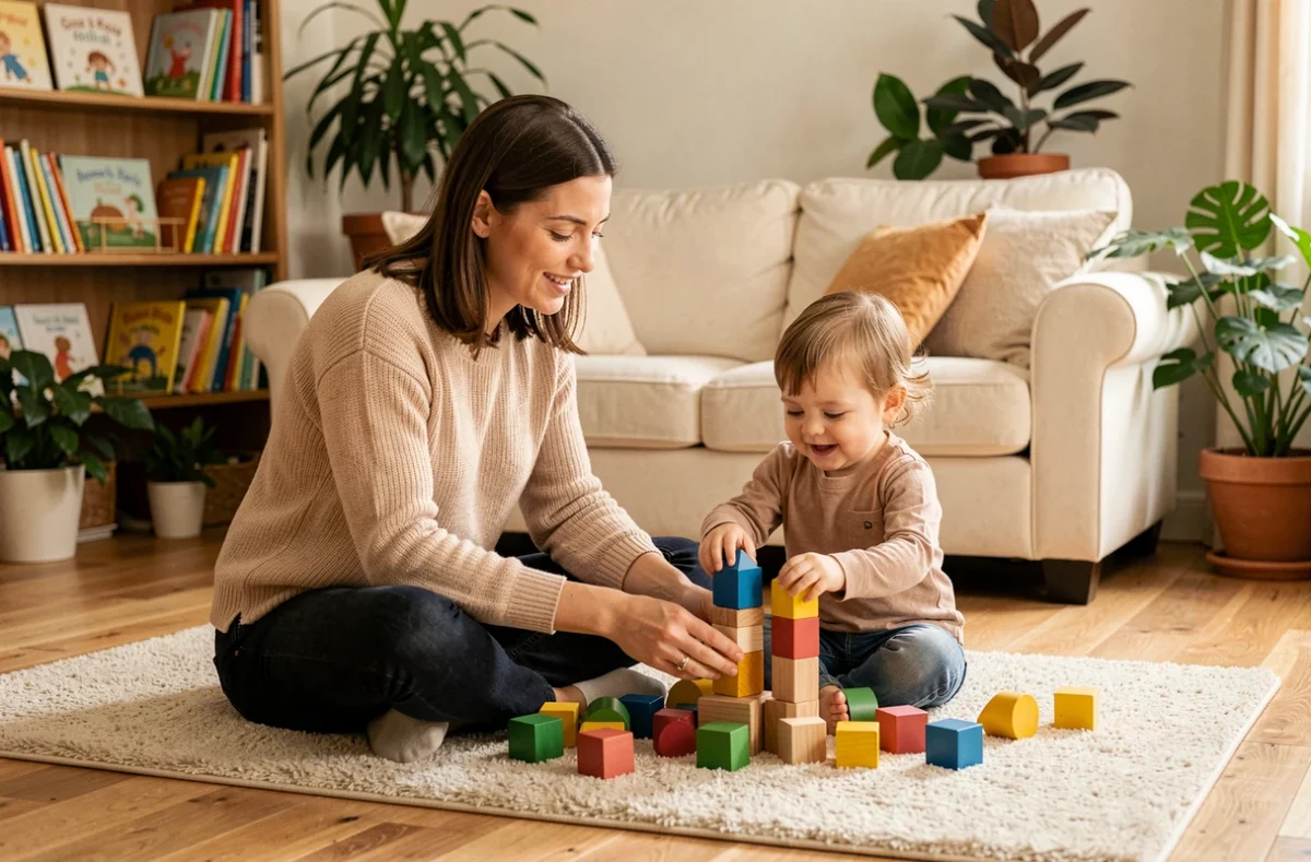 Garde d'enfant à domicile : nounou bienveillante jouant avec un tout-petit dans un salon familial chaleureux