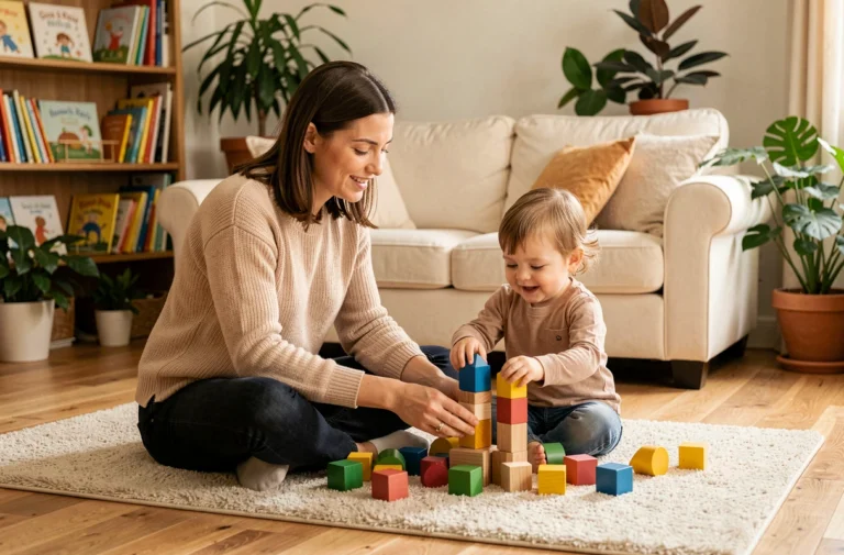 Garde d'enfant à domicile : nounou bienveillante jouant avec un tout-petit dans un salon familial chaleureux