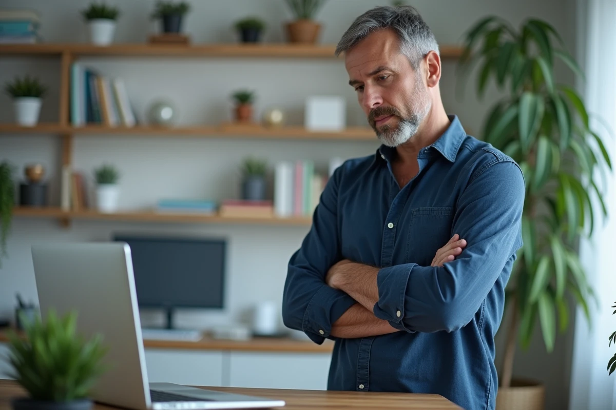 Homme lisant des avis clients sur un programme de coaching nutritionnel en ligne depuis son bureau