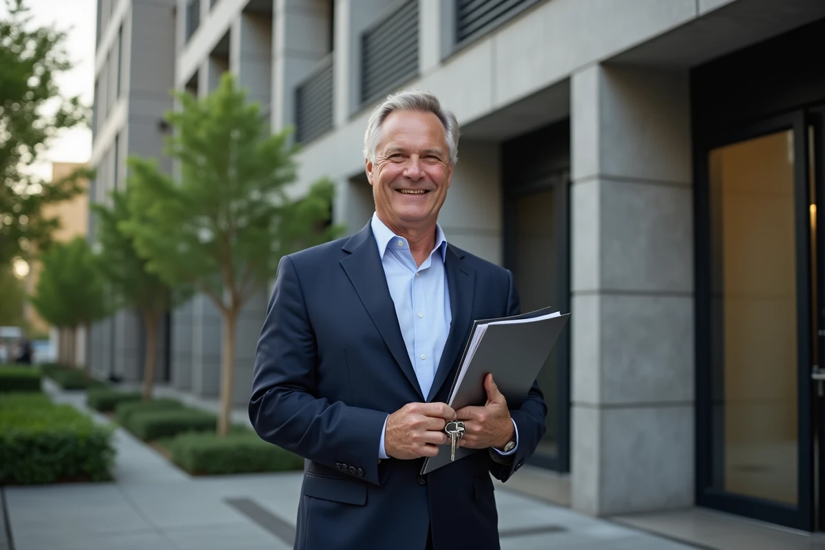 Homme tenant des clés devant un immeuble moderne en ville