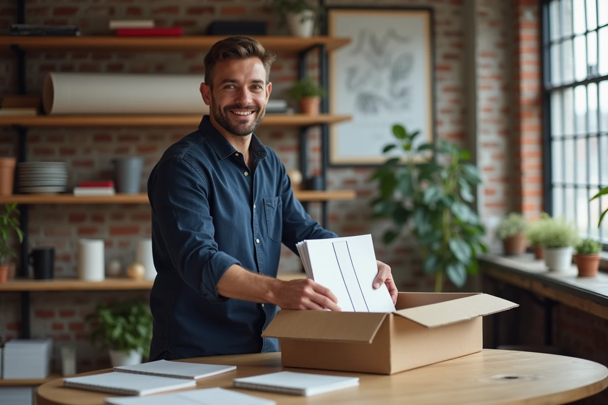 Homme déballant une commande de papeterie premium dans un studio créatif avec des carnets et des cartes de qualité letterpresse